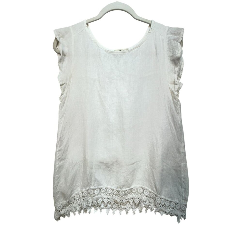 Terzo Millennio Womens Linen Blouse Top Size S White Crochet Hem Ruffle Boho